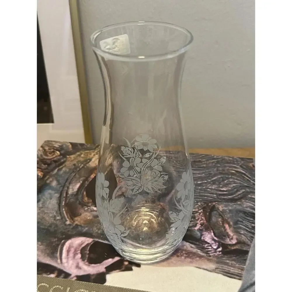 Set Of Three Vintage Green And Clear Glass Vases With Floral And Hobnail Designs